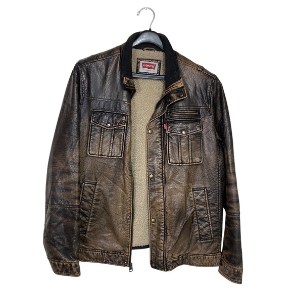 Levi's Other - Levi's brown distressed XL faux leather Trucker/biker style jacket